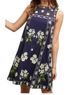 Maeve Floral Embroidered Navy Sleeveless Dress US 12  Made In India